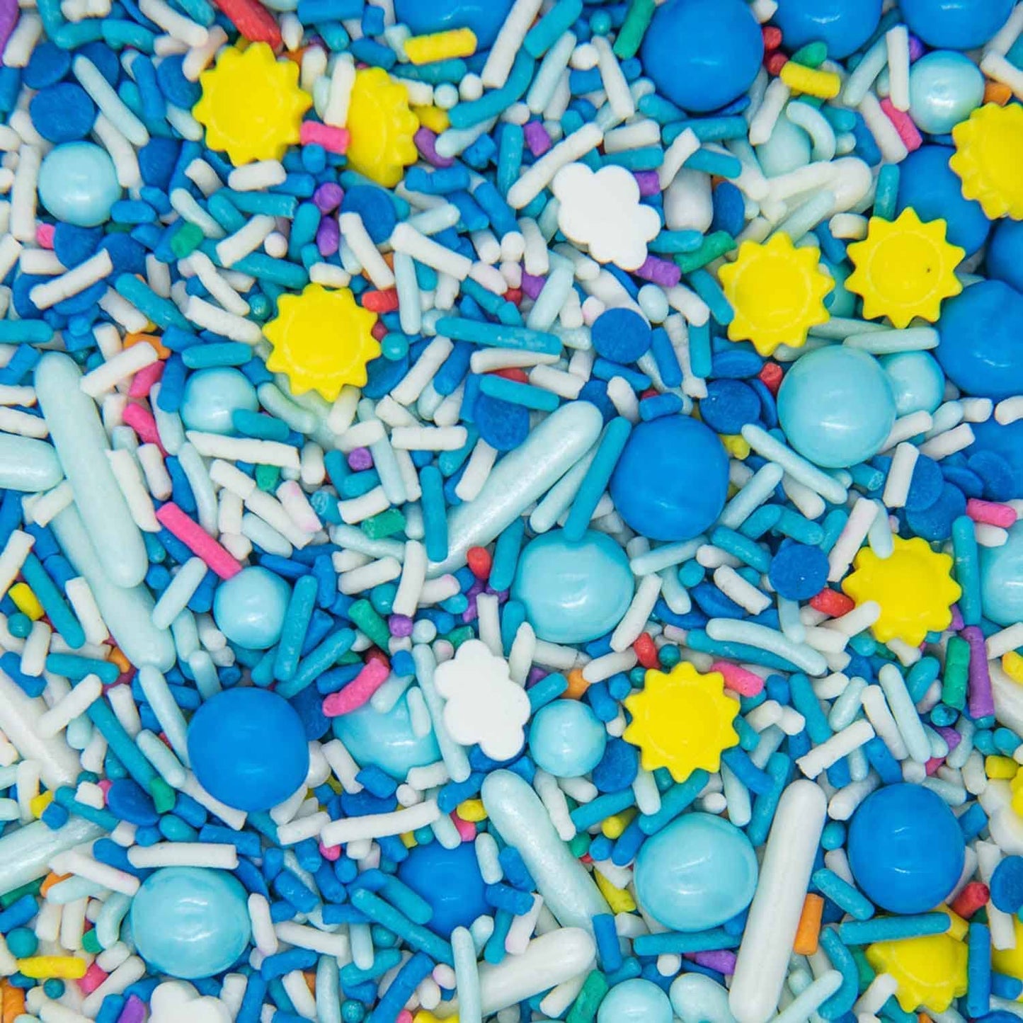 Sprinkles For Cake, Cookie, Cupcake Decorating, And Baking - Summer Cake Decorations Sprinkles And Toppings In Bright Blue Jimmies, Yellow Nonpareils And Pink Confetti Quin With Sun Candy Sprinkles