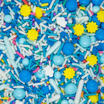 Sprinkles For Cake, Cookie, Cupcake Decorating, And Baking - Summer Cake Decorations Sprinkles And Toppings In Bright Blue Jimmies, Yellow Nonpareils And Pink Confetti Quin With Sun Candy Sprinkles