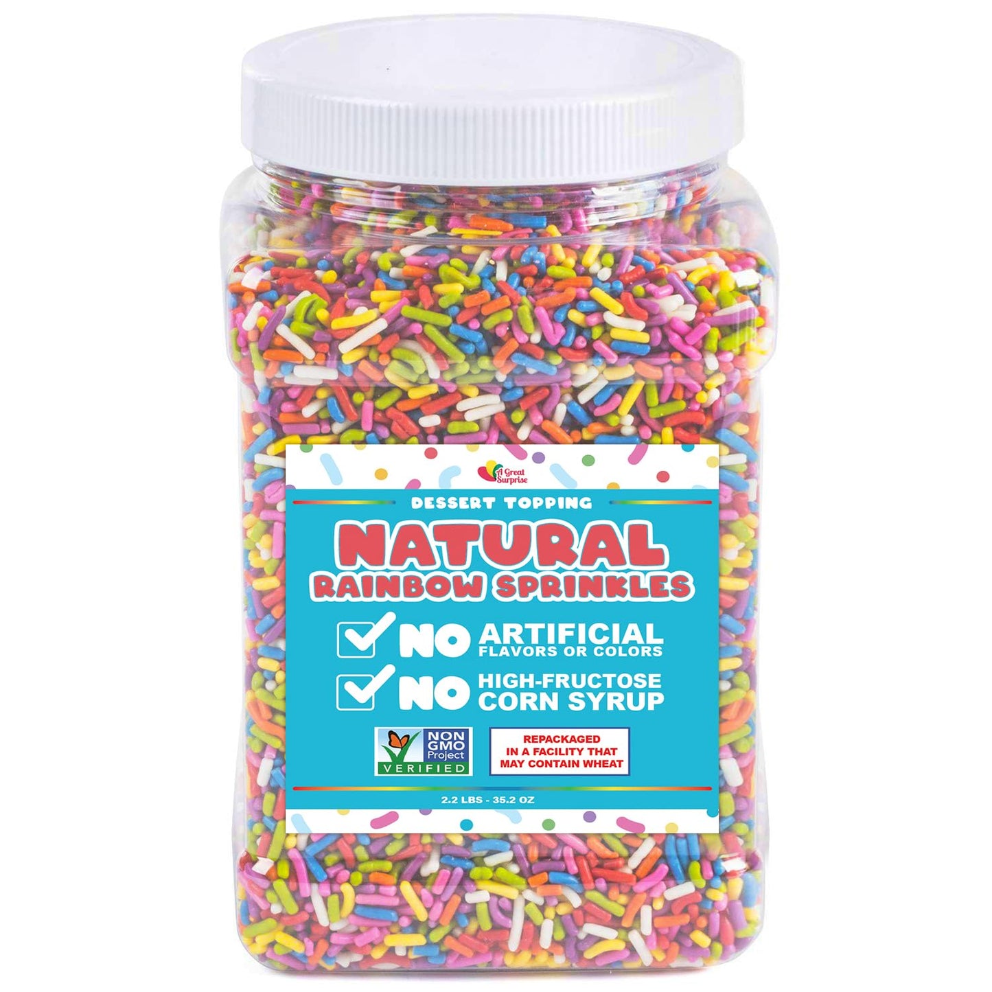 Dye Free Sprinkles - 2.2 Pounds - Rainbow Jimmies For Ice Cream - Vegan, No Artificial Dyes - Bulk Sprinkles - Non-Gmo
