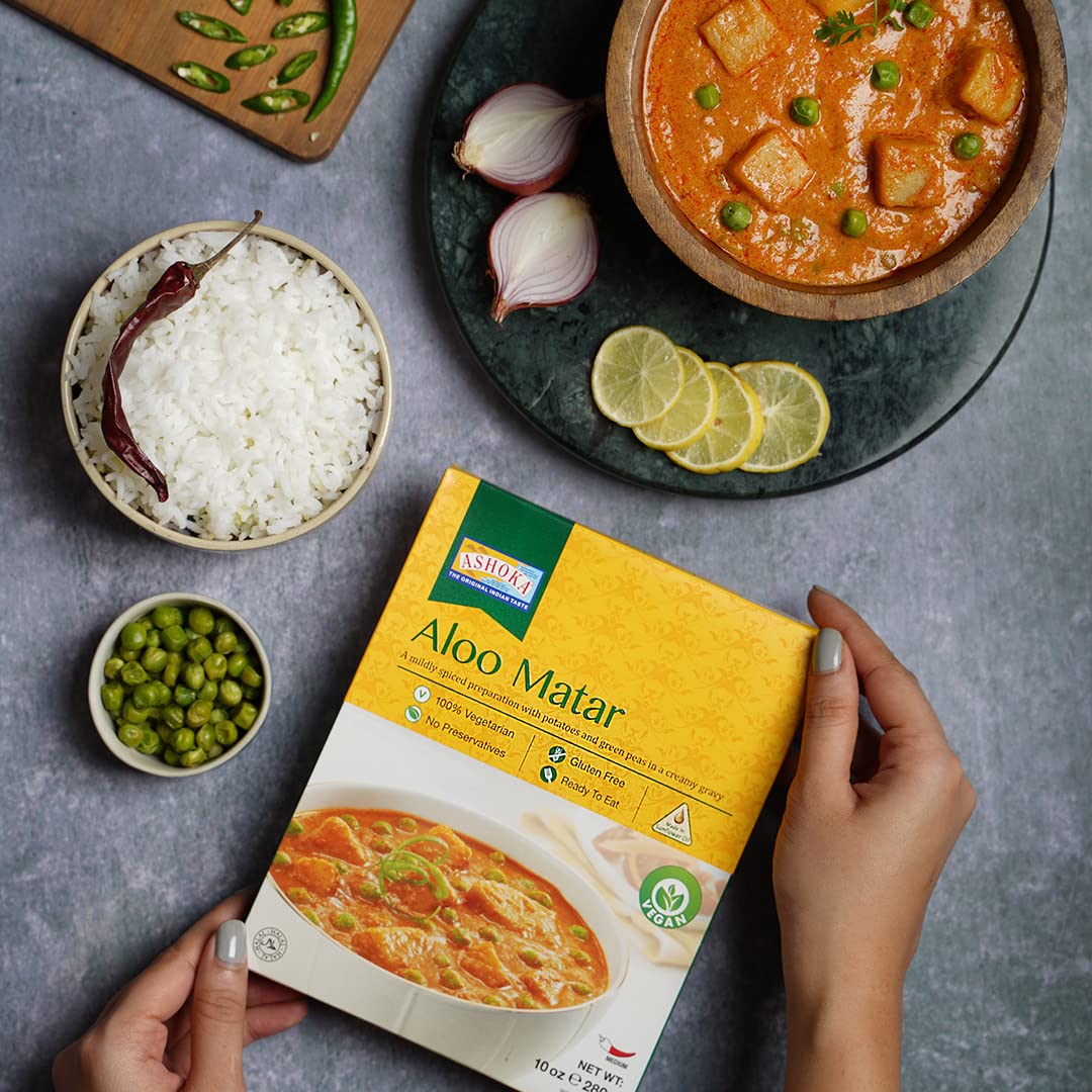 Ashoka Instant Meals 1932, All-Natural Vegan Potatoes & Peas, Kosher Certified Microwaveable Meals, Ready To Eat Indian Food, Aloo Matar, Flavorful Lunch Meal, No Preservatives, Pack Of 10