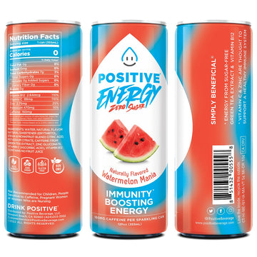 POSITIVE ENERGY Beverage - Zero Sugar Energy Drink, 12 oz Can, Pack of 12, Supports Hydration and Immunity