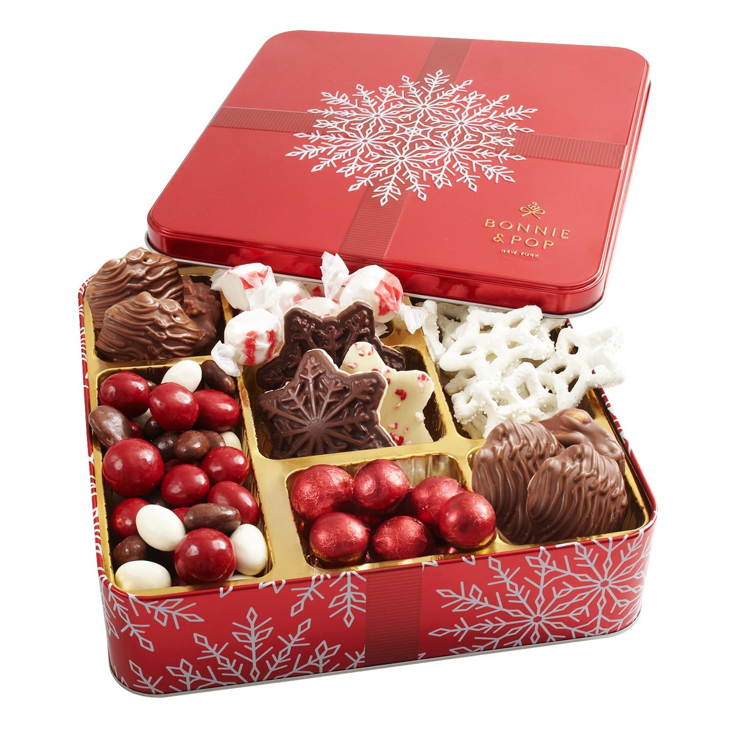 Bonnie and Pops Holiday Tin- with Assorted Christmas Chocolate  Nuts  Bark  Truffles - Festive  Corporate  Family  Gift Basket Idea for Men and Women