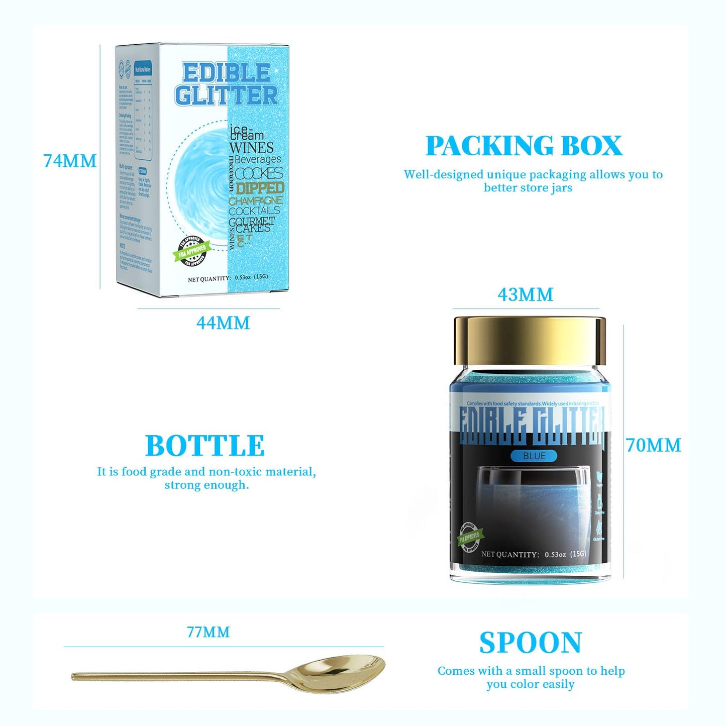LOCDO Edible Glitter, Luster Dust for Drinks & Food, Vegan, Allergen-Free, Large 15G, Blue