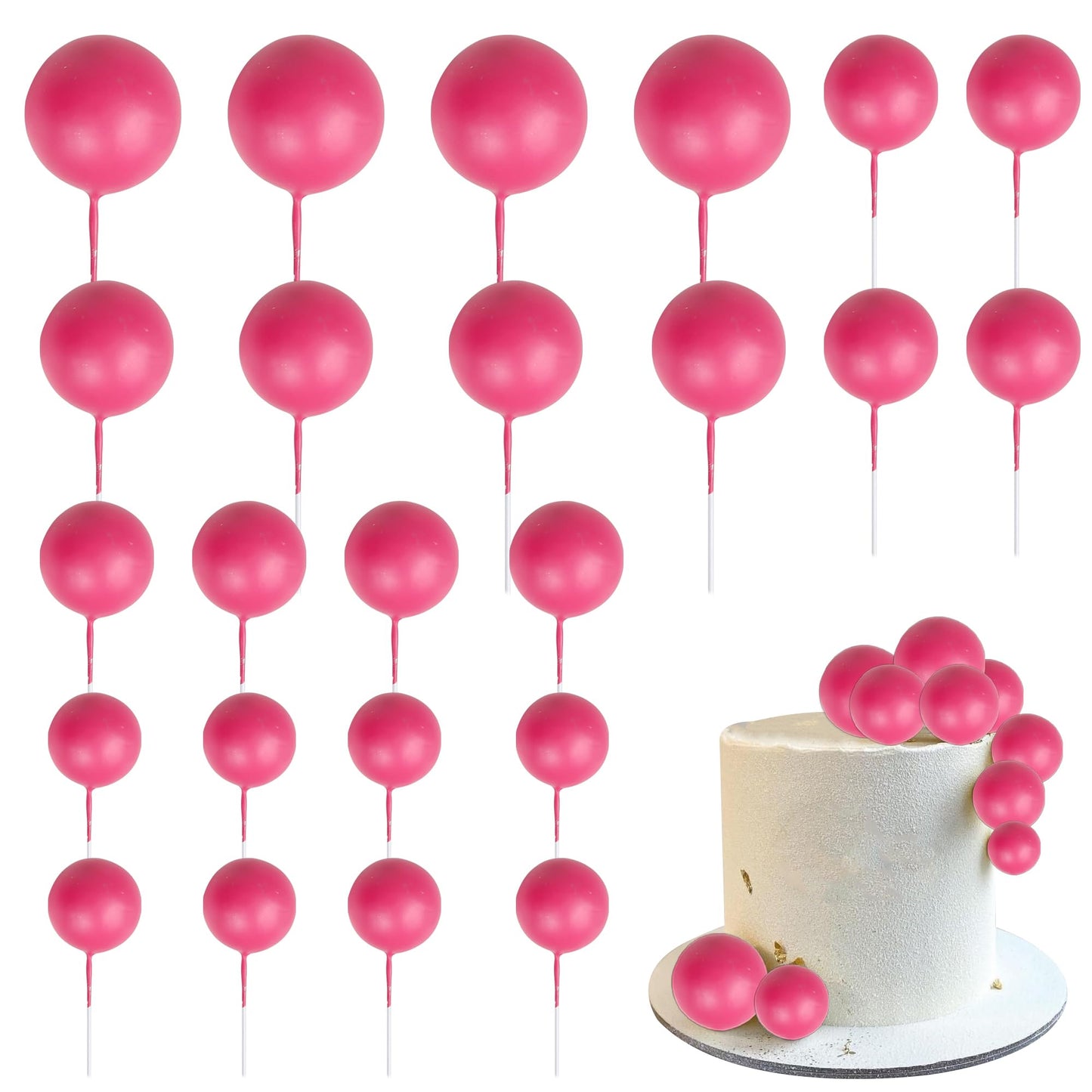 Rsstarxi Mini Balloon Cake Toppers, 30 PCS Foam Balls for Baby Shower & Birthday, Hot Pink, Model XM402-Hot Pink