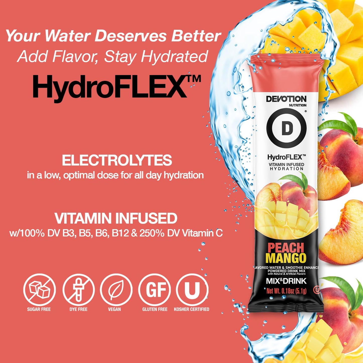 Devotion Nutrition HydroFLEX Sugar-Free Water Flavoring Packets, Peach Mango, 12-Pack, 2.16 Ounce, Gluten-Free, Dye-Free