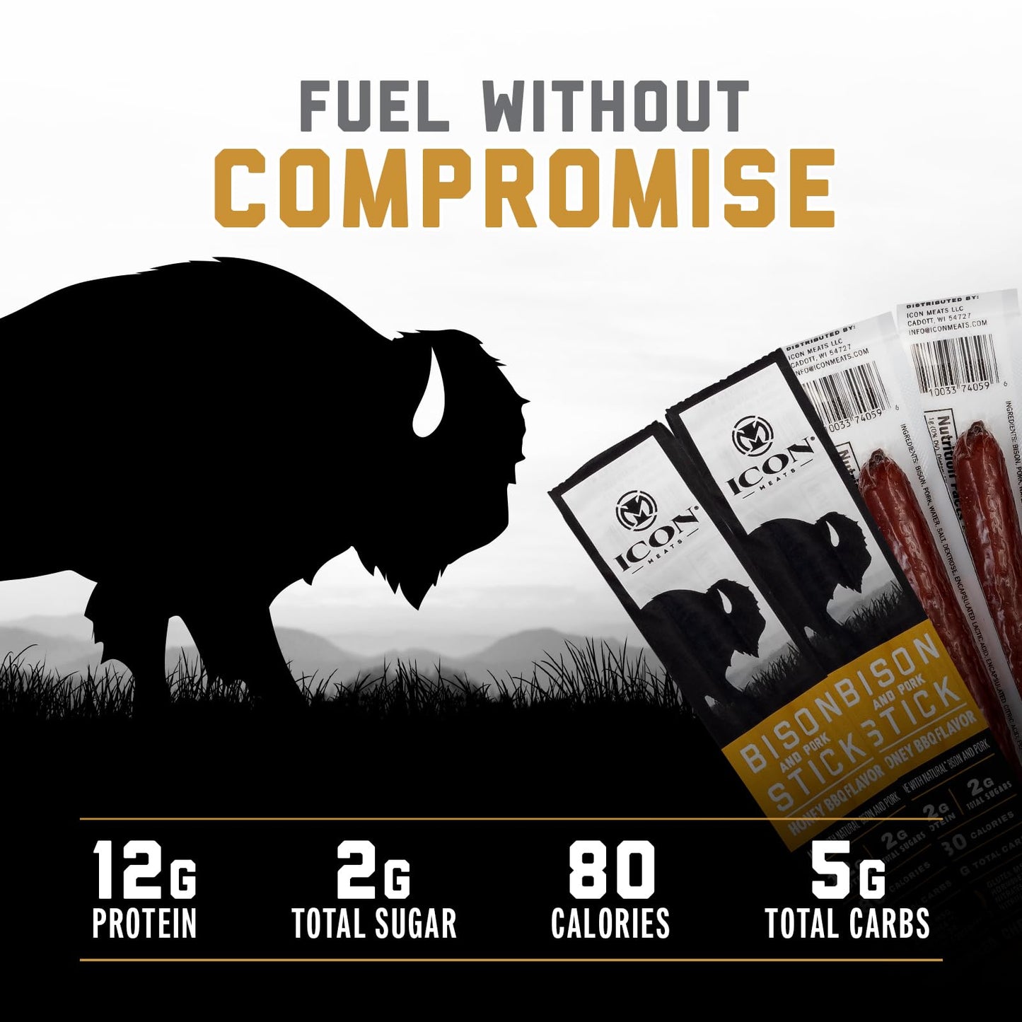 ICON Bison and Pork Snack Sticks, Honey BBQ Flavor, 24 Pack, All Natural, High Protein, Low Calorie, Low Sugar