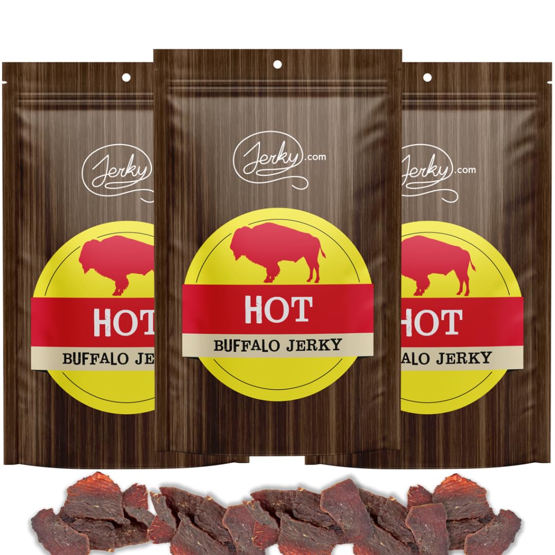 Jerky.Com Exotic Hot Buffalo Jerky - Wild Game Meat Snacks, Exotic Snacks, High-Protein, All-Natural, No Added Preservatives - H
