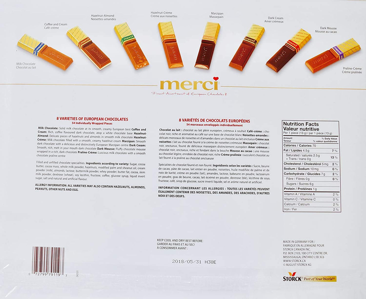 Merci Finest Assortment of European Chocolates. 675grams / 23.8 ounce Value pack. 54 pieces of individually wrapped Fine Europea