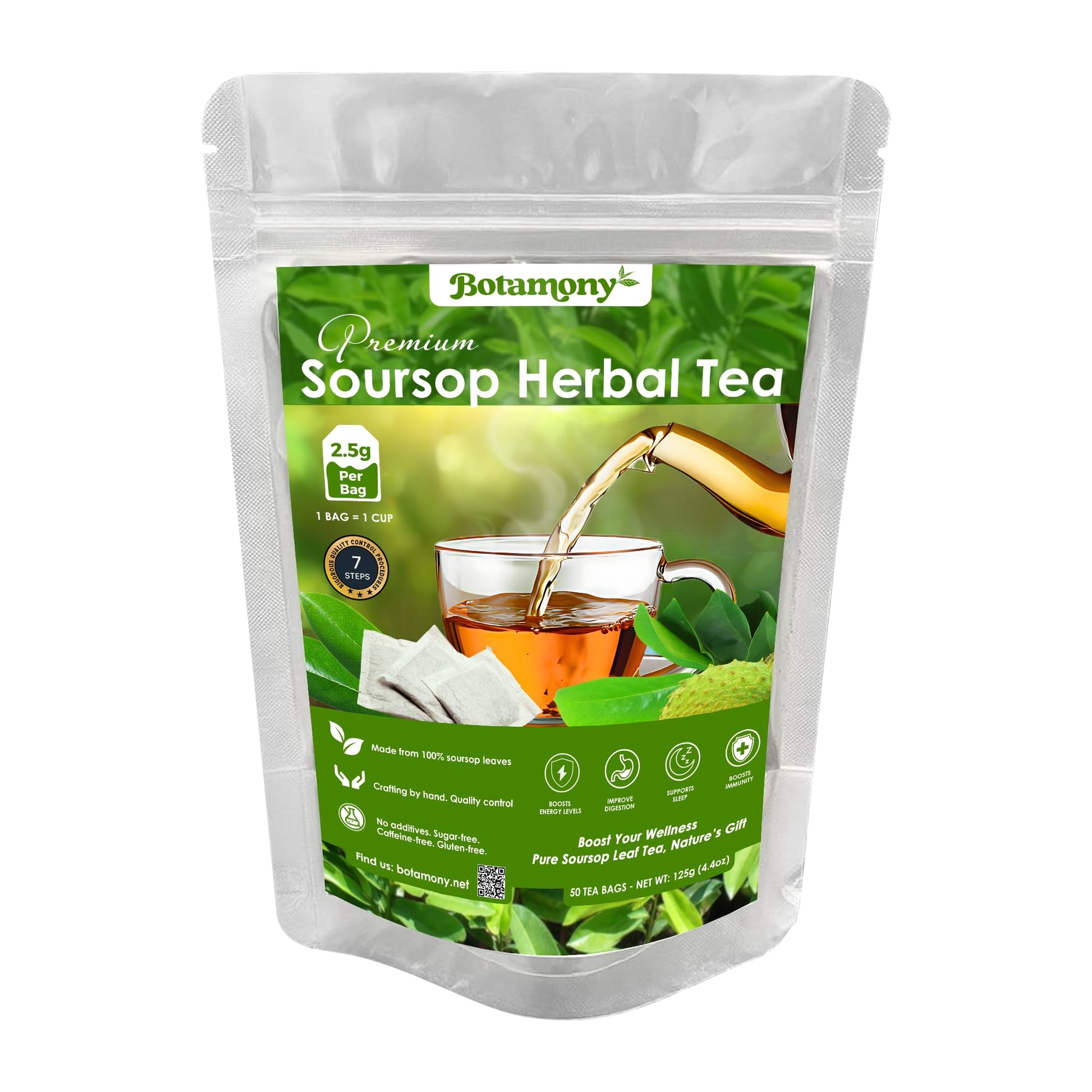 BOTAMONY Soursop Graviola Leaf Tea Bags, Organic Non-GMO, Caffeine/Gluten Free, 2.5g per Teabag