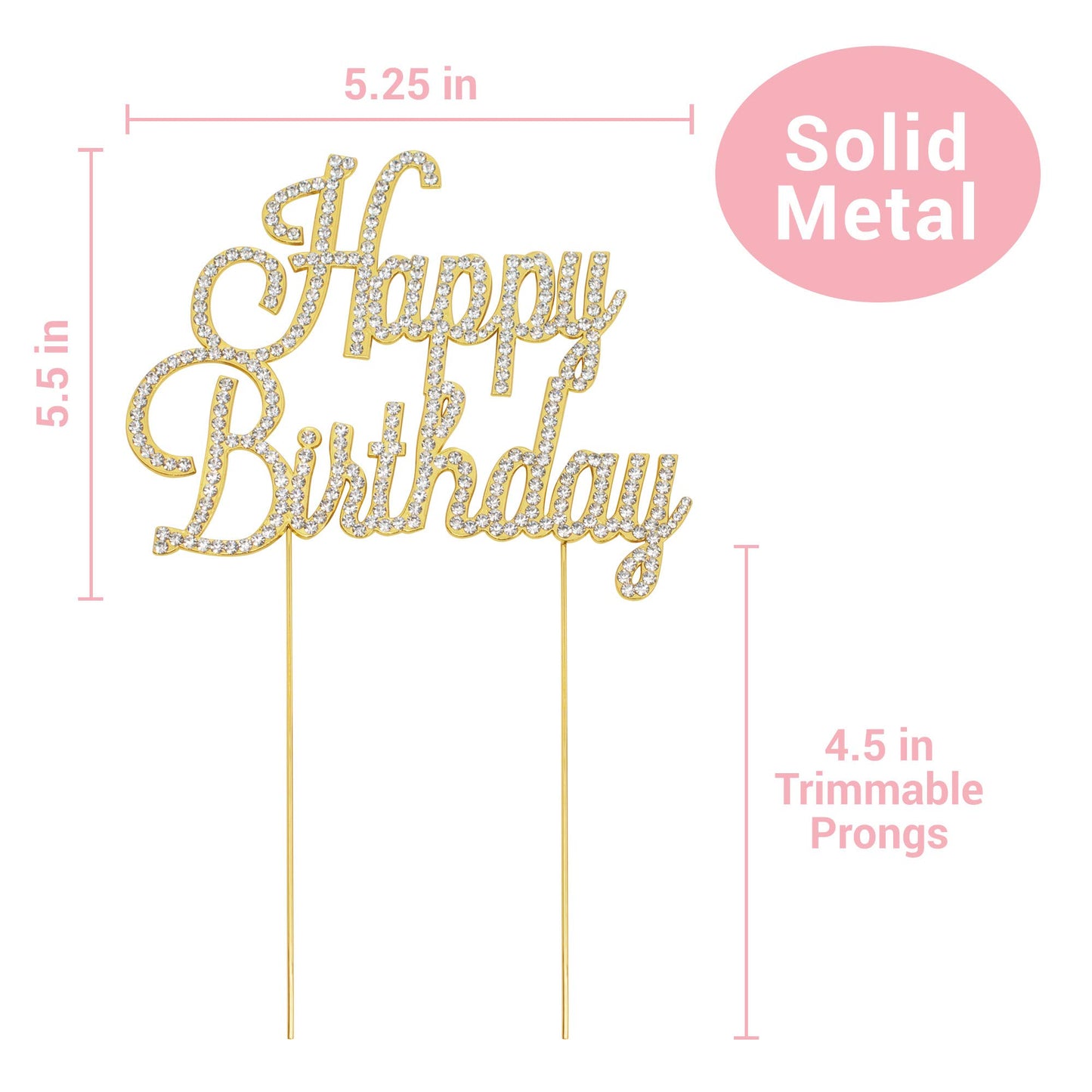 Crystal Creations Happy Birthday Cake Topper - Premium Gold Metal with Rhinestones - 1 Count