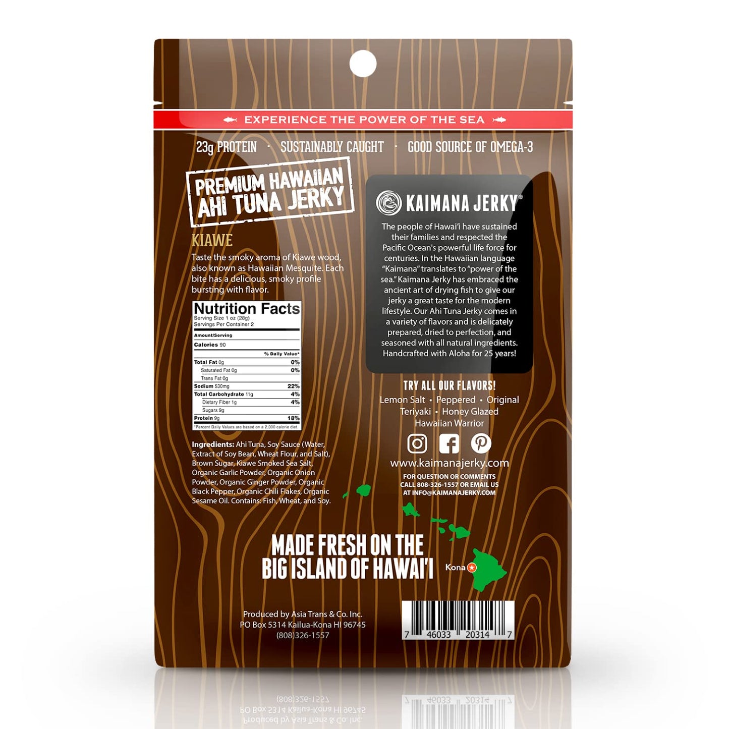 Kaimana Jerky Ahi Tuna Jerky - Kiawe Smoked Sea Salt, All Natural, 2 Ounce, Soft and Tasty, Premium Fish Jerky Made in the USA