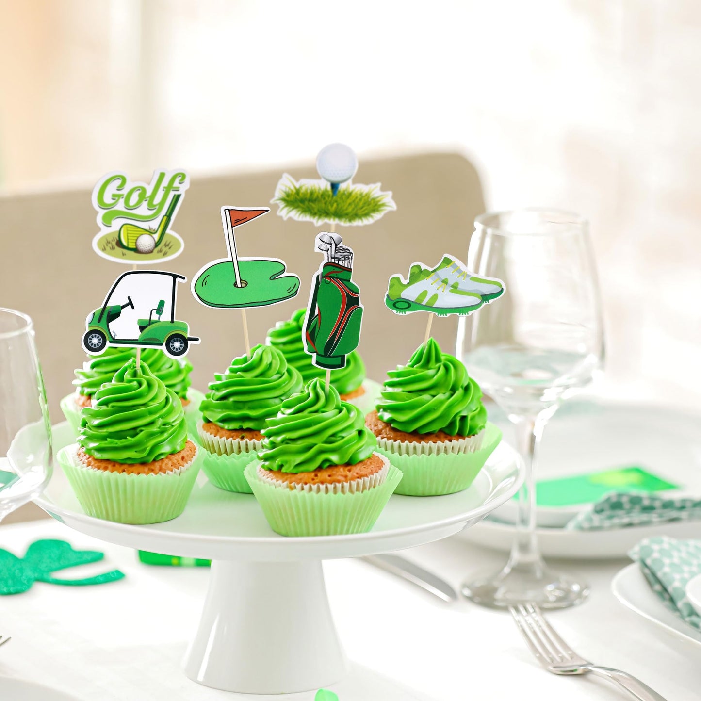 Gyufise 36Pcs Golf Cupcake Toppers Trophy Lawn Golf Shoes Bag Ball Carts Cupcake Picks For Golf Sports Player Theme Baby Shower