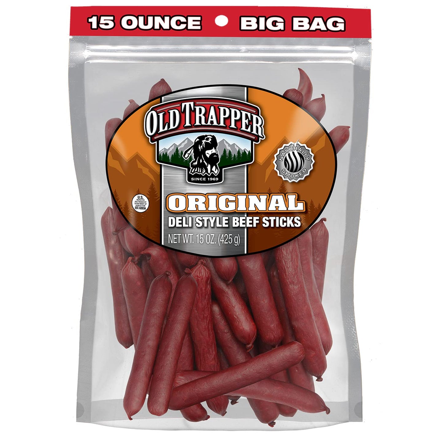 Old Trapper Beef Sticks - Original Deli Style, 6g Protein, 15 Oz Bag, Model 33115T