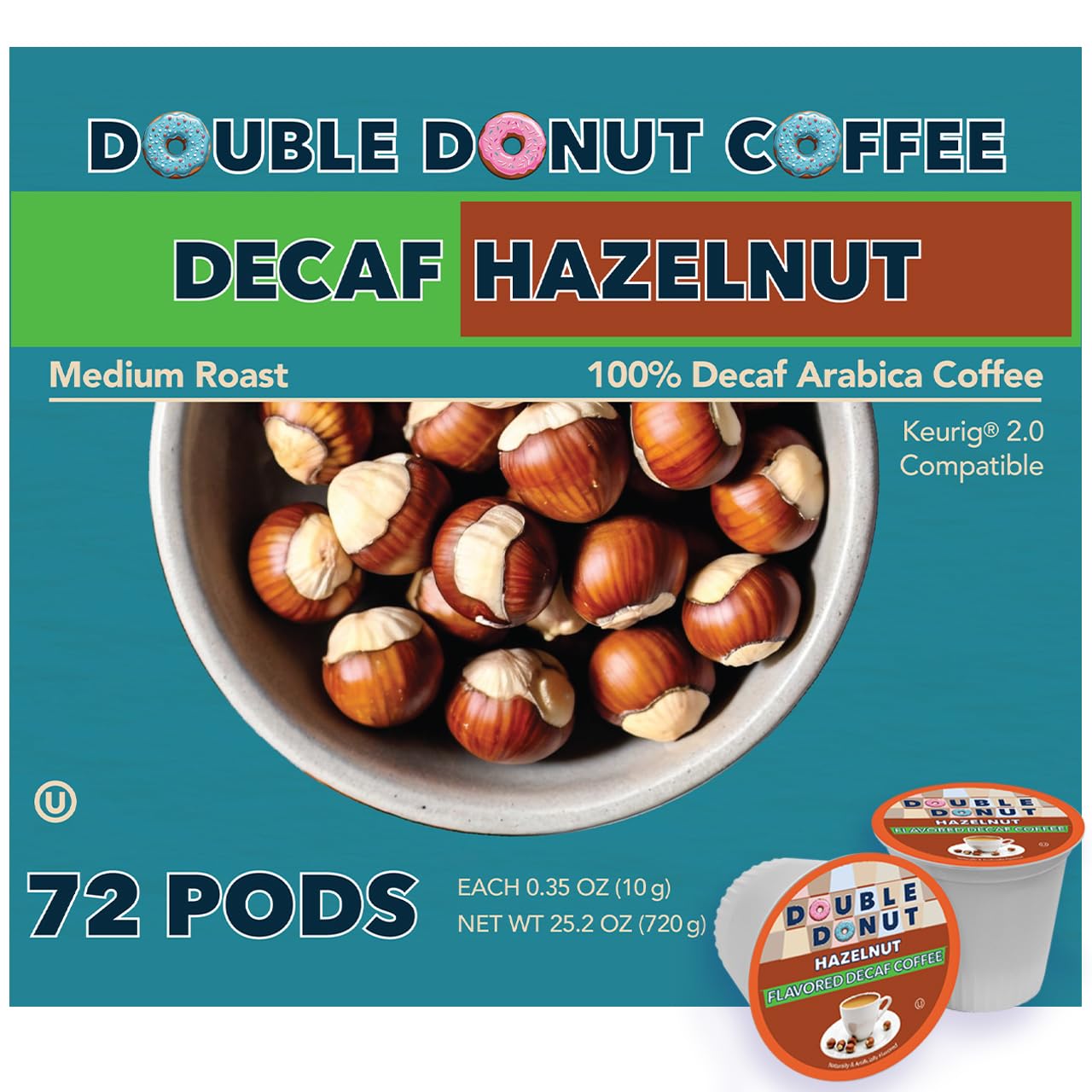Double Donut Coffee Decaf Hazelnut Flavored Medium Roast Coffee K Cups, 72 Count