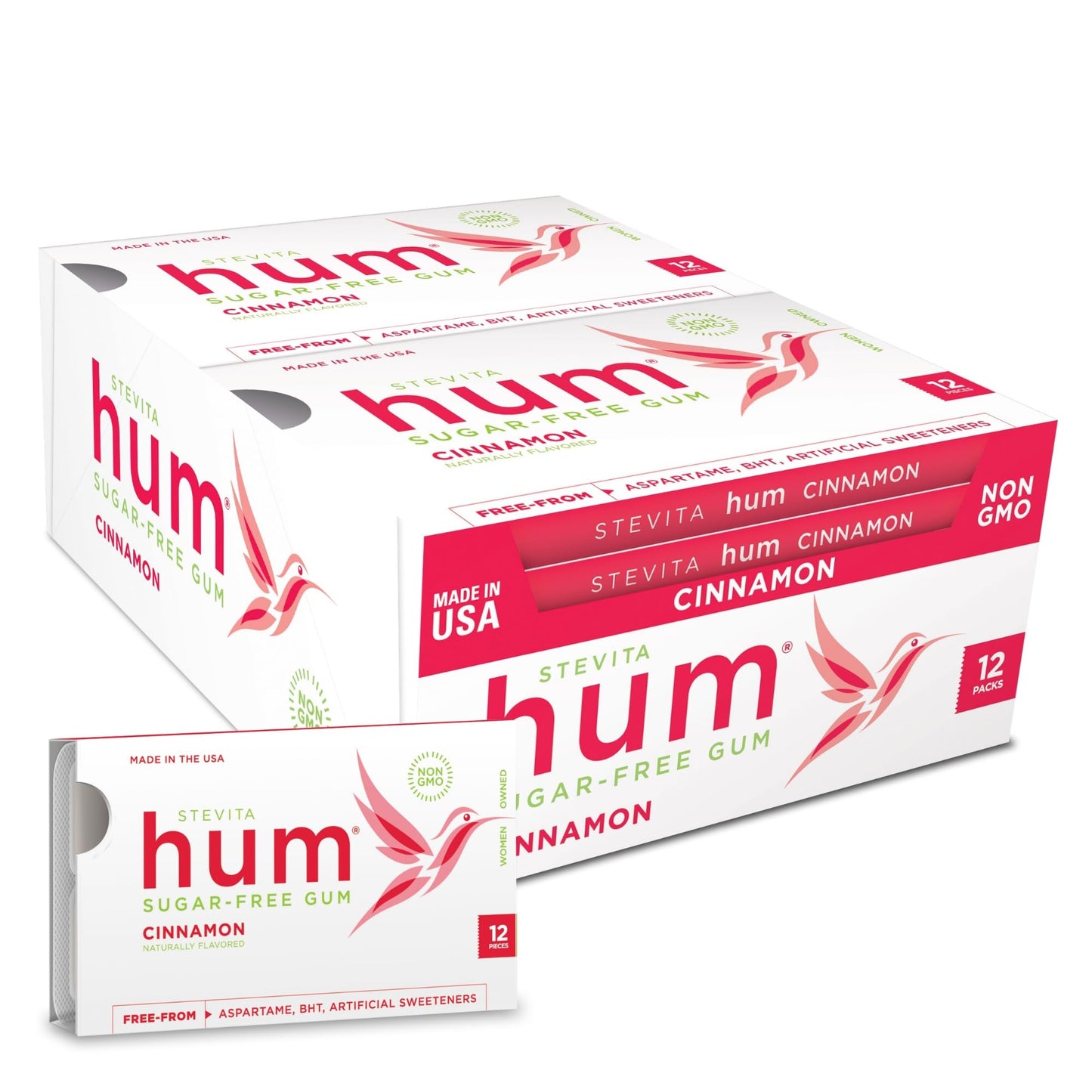 Stevita Hum, Cinnamon - Sugar-Free Gum - 12 Pieces, Pack Of 12 - Supports Oral Health -, Non-Gmo, Vegetarian, Keto, Gluten Free