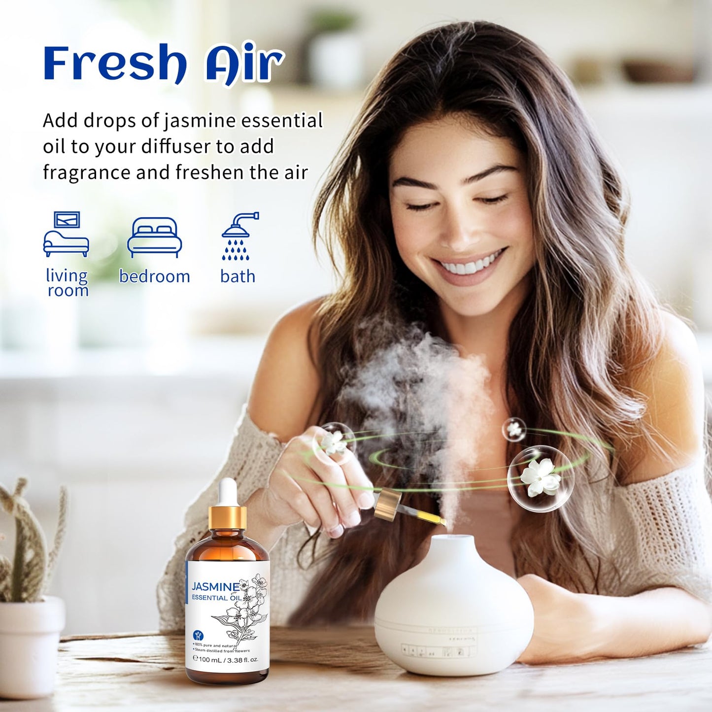 Hiqili Jasmine Essential Oil, Premium Quality Pure & Natural, For Diffuser, Sleeping, Massage, Skin Care, Perfume, Shampoo, Arom