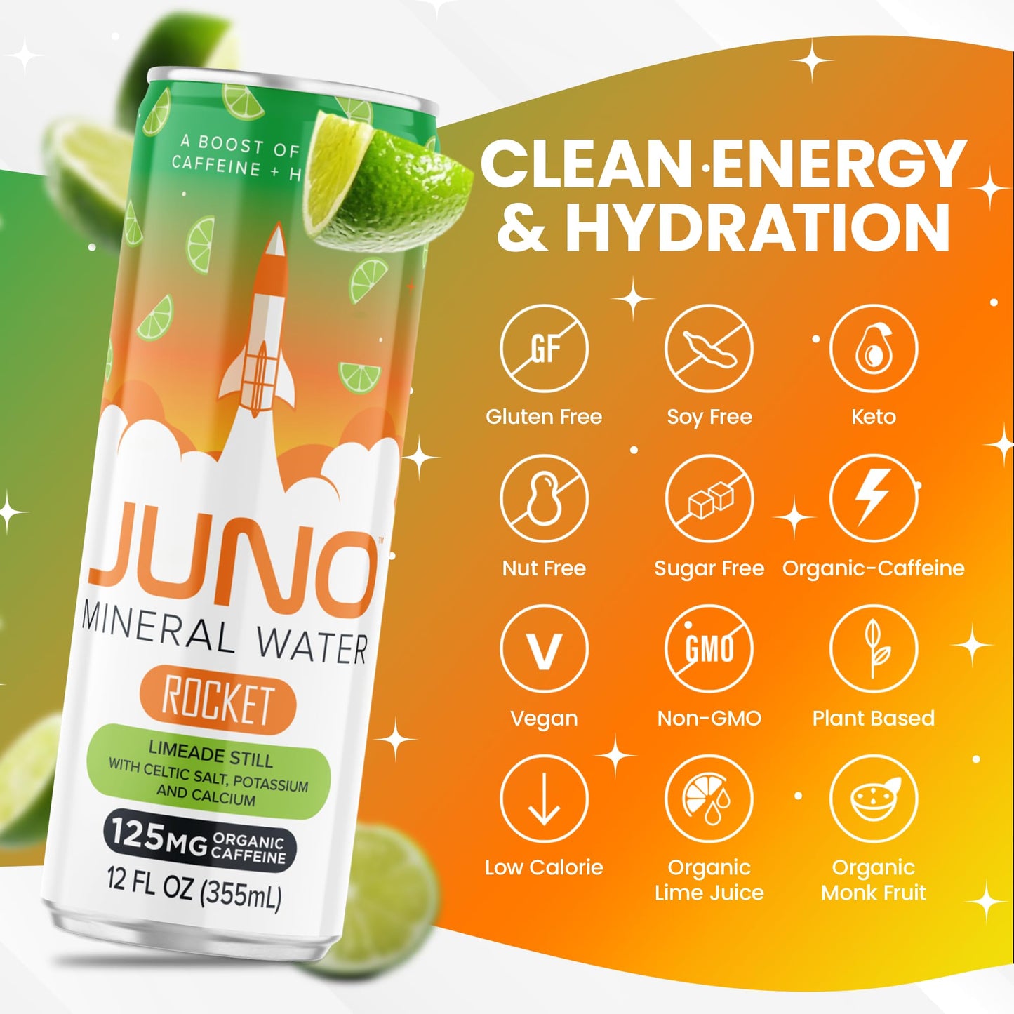 Juno JUNO ENERGY Limeade Still Drink - Sugar Free Electrolytes, Organic Caffeine, Vegan, Gluten Free, 12 Pack of 12oz
