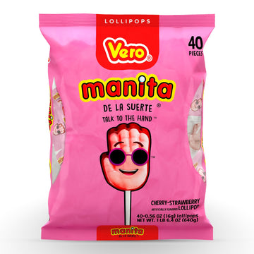 Vero Manita Paletas Strawberry & Cherry Flavored Lollipop (40 Count Bag) - Individually Wrapped Lollipops - Mexican Candy - Pale