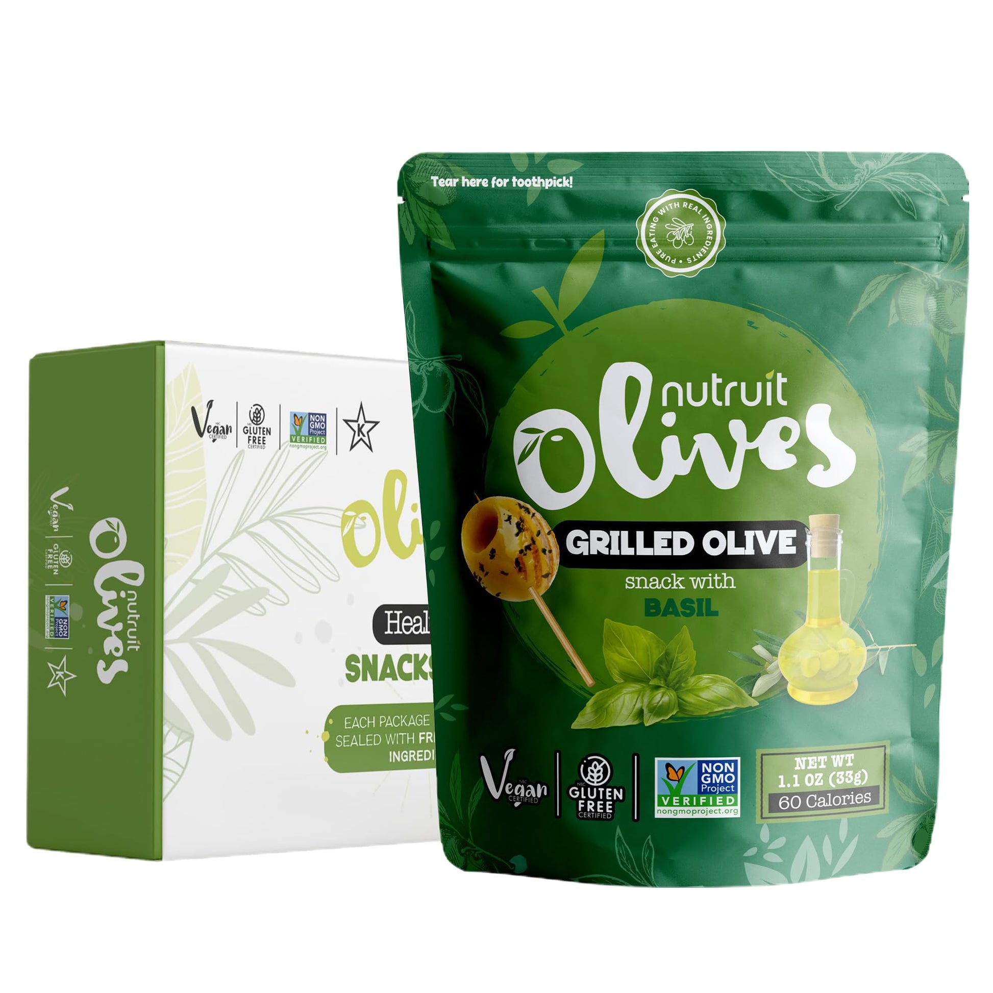 Nutruit Olives Snacks - Pitted Grilled Olives with Basil - Fresh Aegean Green Olives - Vegan, Non-GMO, Gluten Free, Kosher, Pale