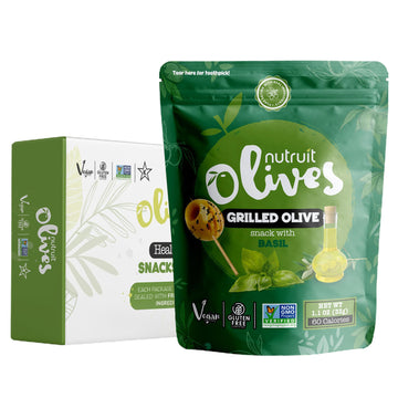 Nutruit Olives Snacks - Pitted Grilled Olives with Basil - Fresh Aegean Green Olives - Vegan, Non-GMO, Gluten Free, Kosher, Pale