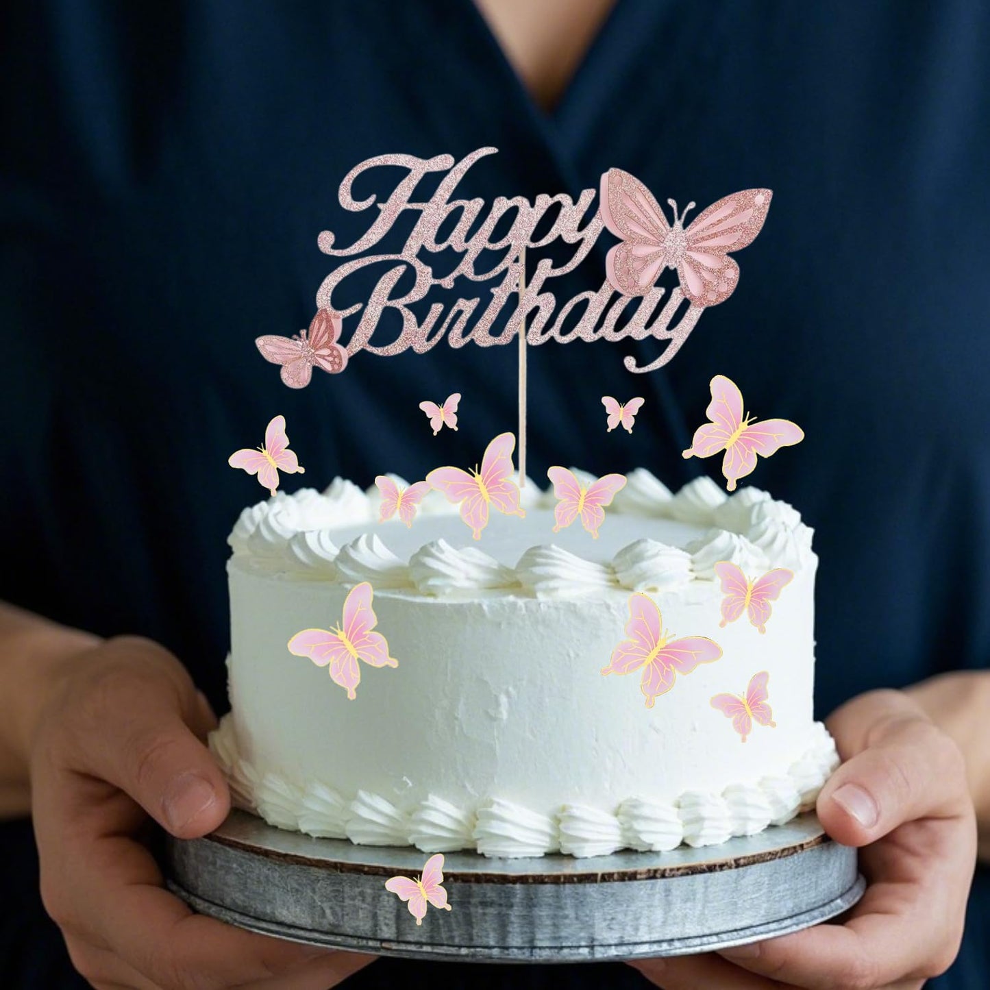 ALISSAR Rose Gold Happy Birthday Cake Topper Set, Butterfly Cake Topper and 16 Pieces Pink Butterfly Cupcake Toppers for Girls W