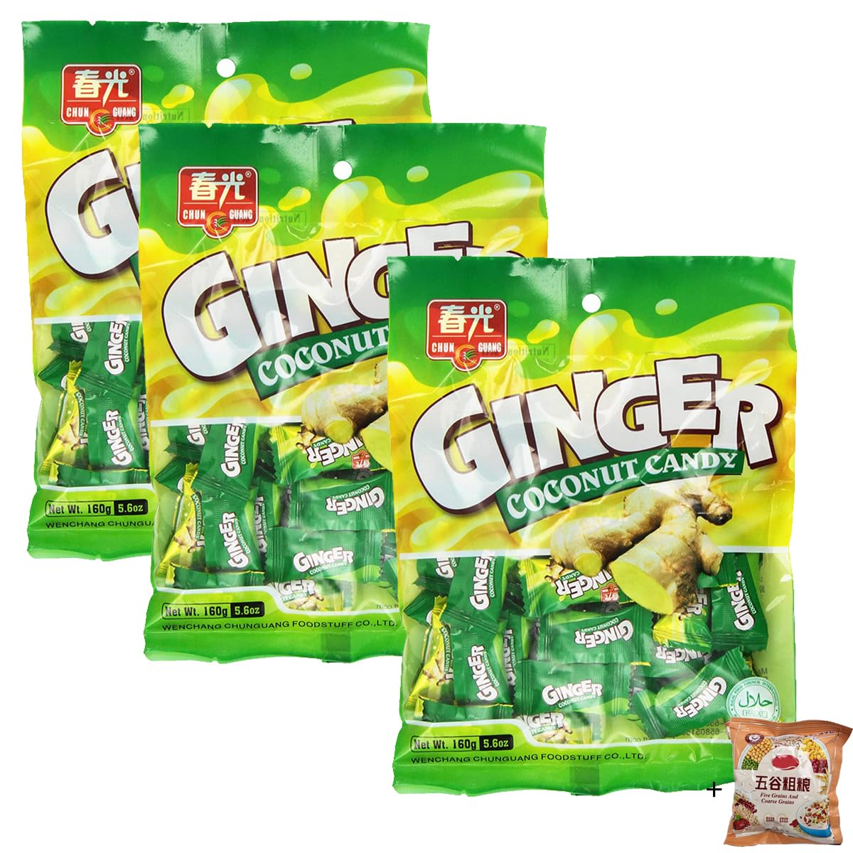 Ginger Coconut Candy 5.6oz (3pack, green),Comes with a small packet of cereal drinks as a bonus(Taste random)