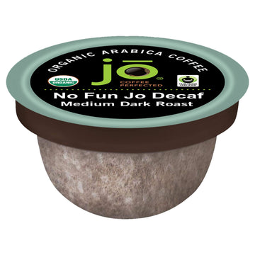 No Fun Jo Decaf: 36 Organic Compostable Pods for Keurig K-Cup Compatible malt-inspired  Swiss Water Process Eco-Friendly Single Serve Coffee Medium/Dark Roast Fair Trade  Chemical Free by Jo Coffee