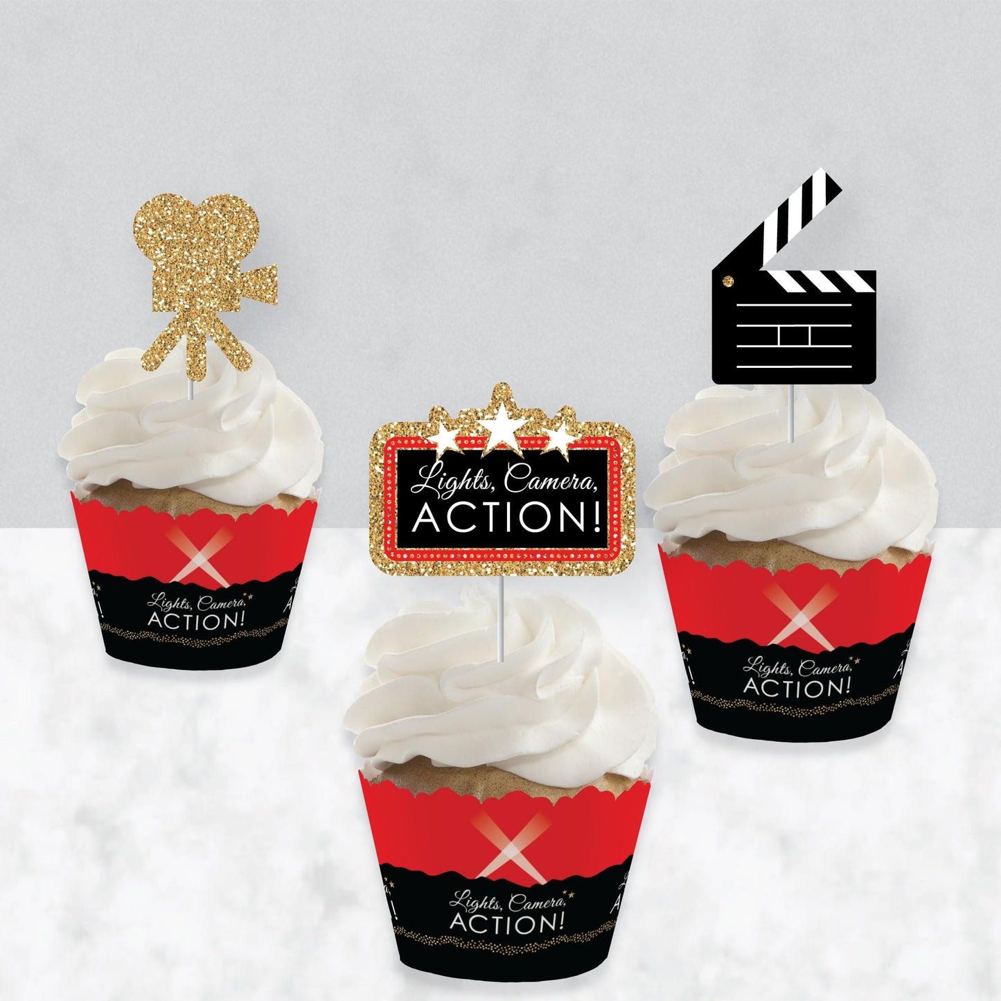 Big Dot of Happiness Cupcake Decorations Kit - Movie Night - Set of 24 - Red, Black, Gold, White - Small - Model BD5651tpk