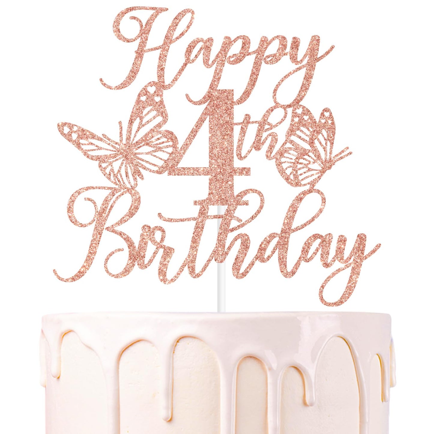 Rose Gold Glitter Butterfly Happy 4th Birthday Cake Topper & Party Decorations for Girls