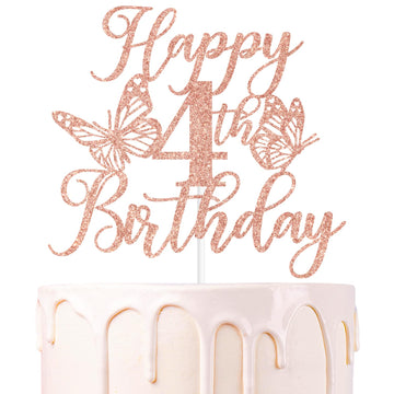 Rose Gold Glitter Butterfly Happy 4th Birthday Cake Topper & Party Decorations for Girls