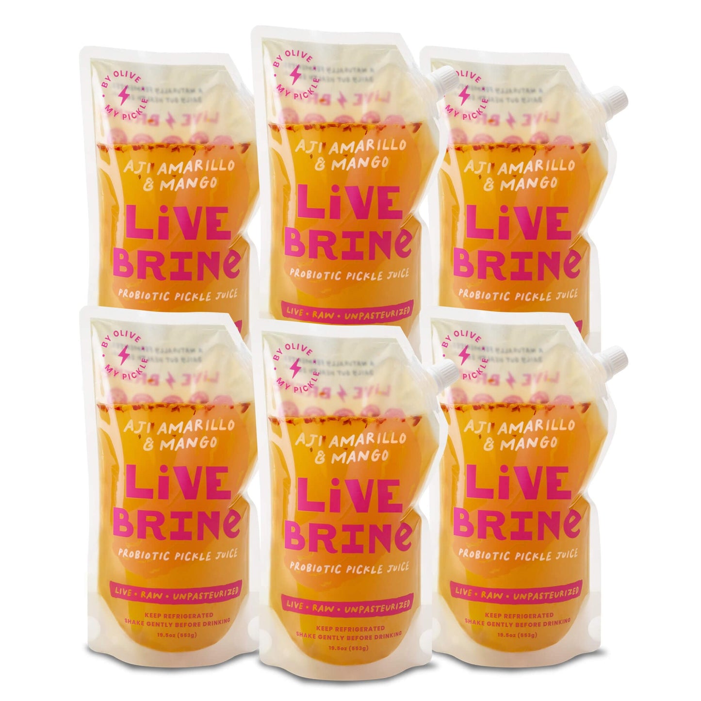 Olive My Pickle Probiotic Pickle Juice - 117 Ounces | 6 Pack Bundle of LiveBrine Aji Amarillo & Mango Pickle Juice with Natural 