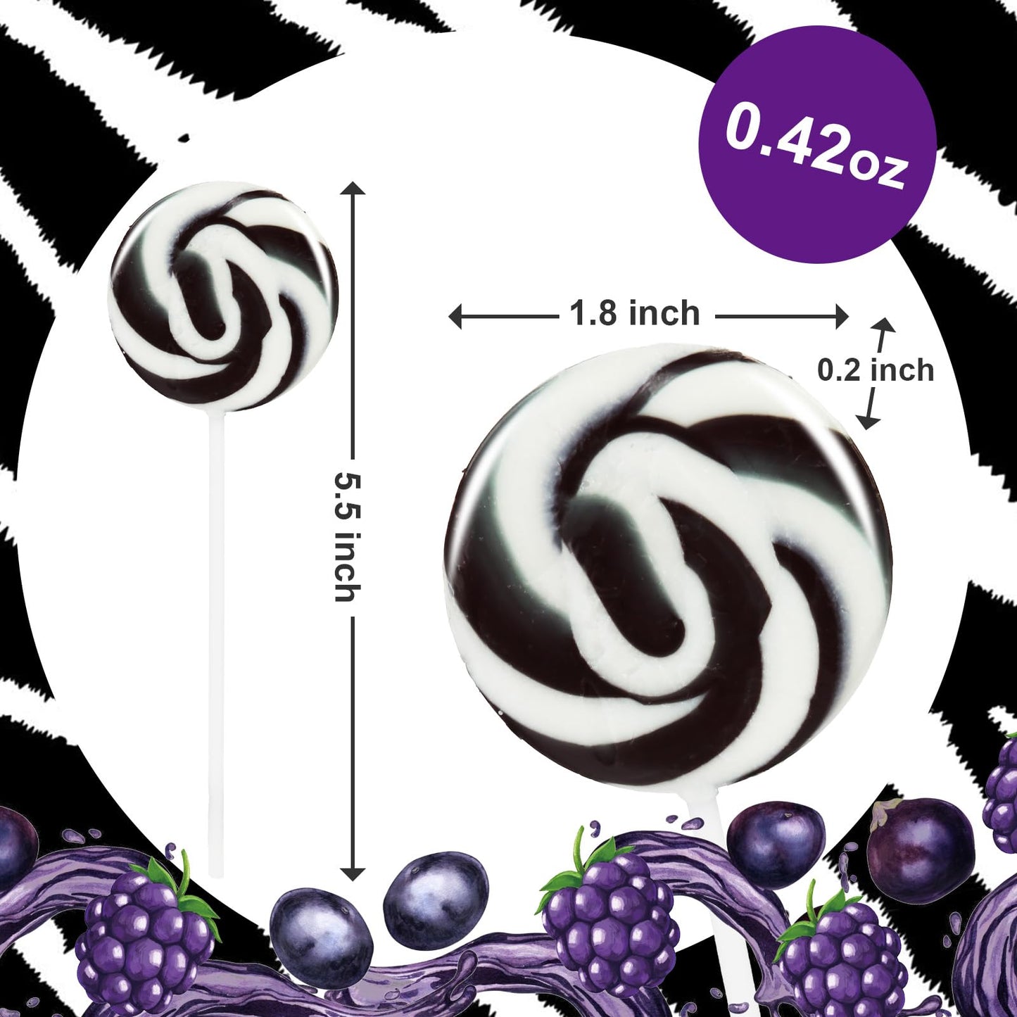 EORA Black Swirl Lollipops, 32 Count Individually Wrapped, Blackberry Flavor, Black & White Candy for Halloween