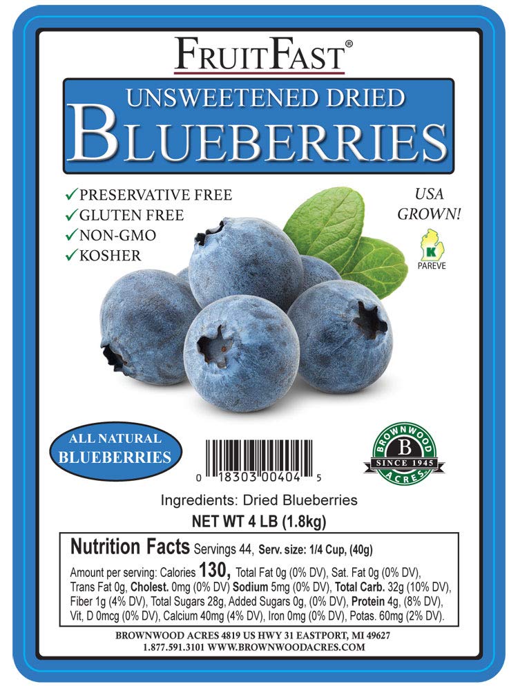 FruitFast Unsweetened Dried Blueberries - Non-GMO, Gluten Free, Kosher - 4 Pound Bag