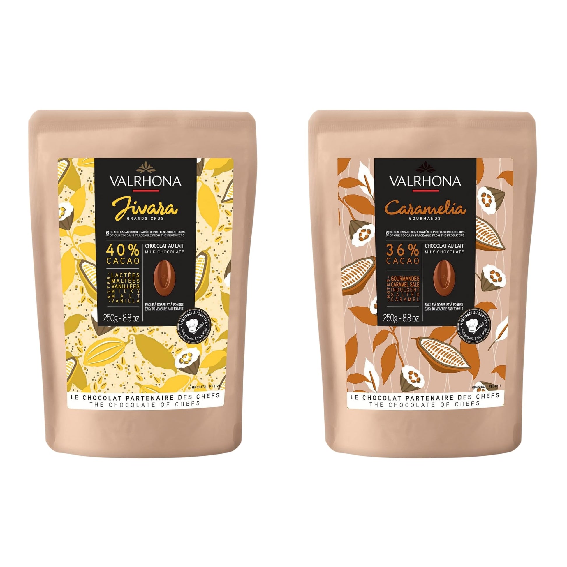 Valrhona Top-Grade Baking Chocolate Discs (Feves)  Creamy Milk Jivara 40% W/Hints Of Vanilla And Malt  And Caramelia 36% Cacao. Creamy  Caramel  Salted Butter Notes  For Cookies  Cakes  And More