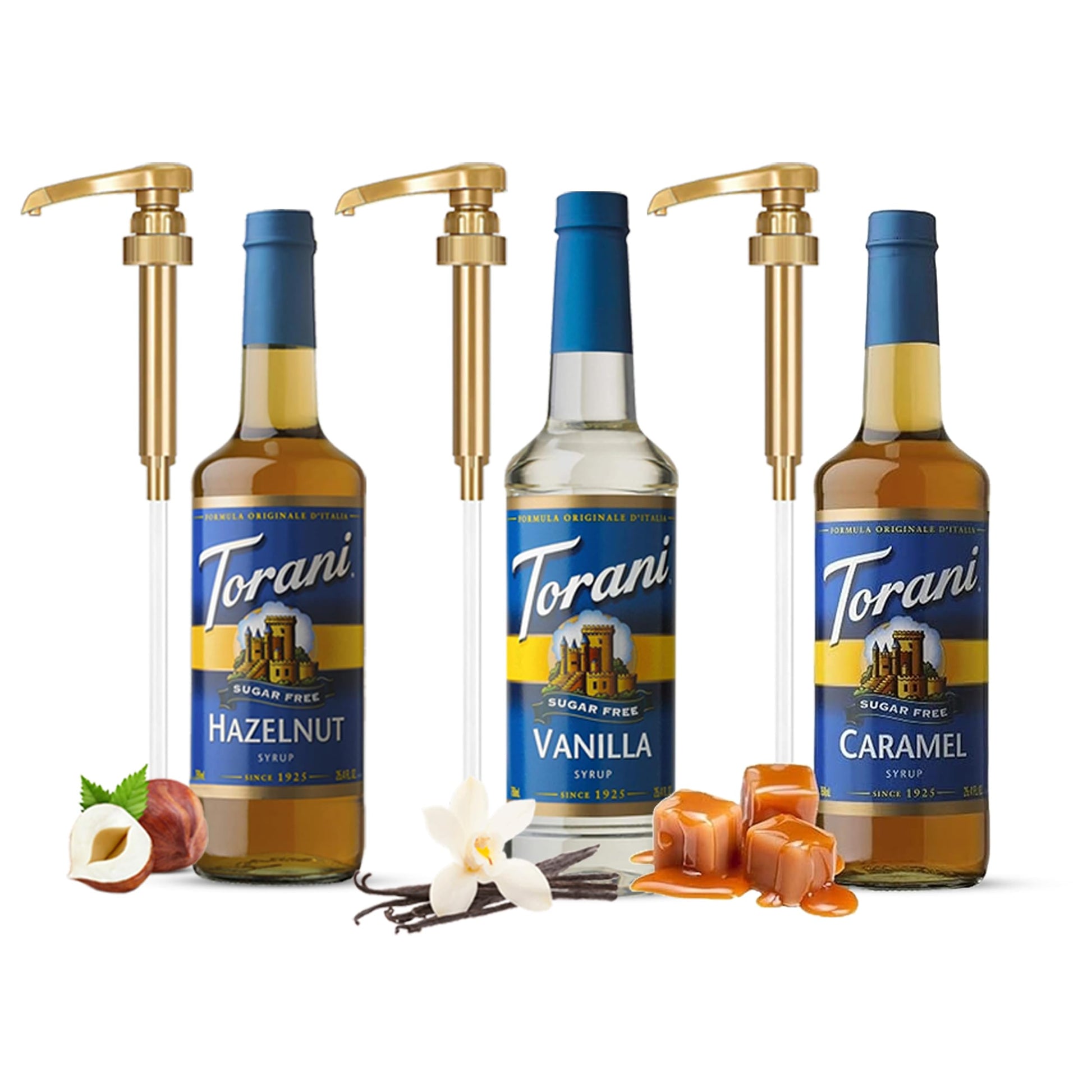 Torani Sugar Free Coffee And Tea Variety Pack - Caramel Hazelnut Vanilla 3 Pack With 3 Jimoco Pump Dispensers