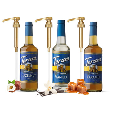 Torani Sugar Free Coffee And Tea Variety Pack - Caramel Hazelnut Vanilla 3 Pack With 3 Jimoco Pump Dispensers