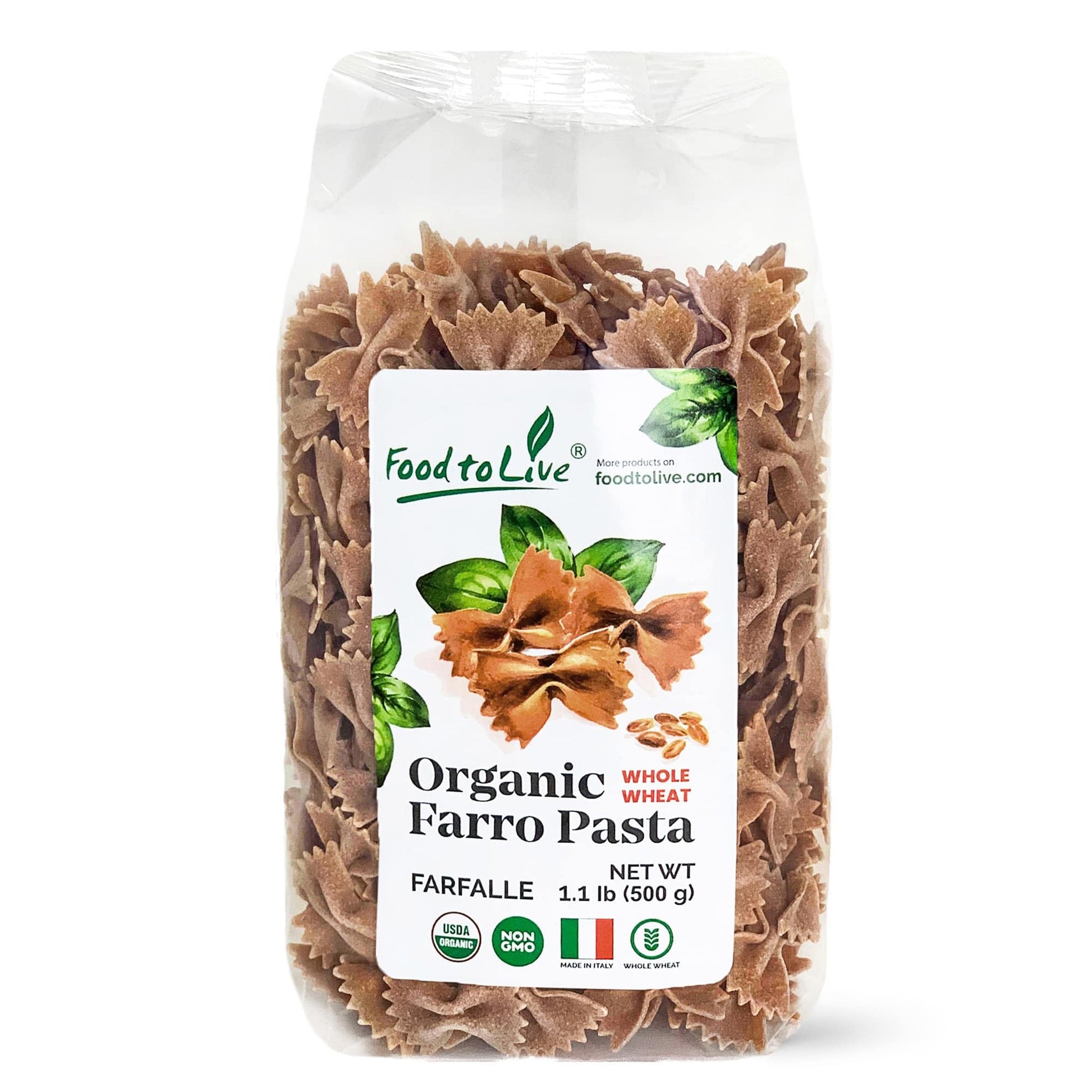 Organic Farro Farfalle Pasta, 1.1 lb (Pack of 1) - Italian Whole Wheat and Non-GMO Bow-tie Pasta, Single Ingredient. No Additive