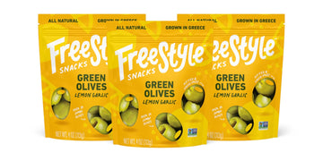 Freestyle Snacks Olive Snack Packs - Fresh Pitted Green Olives Jumbo-Sized Grown In Greece All Natural Non-Gmo Paleo Sugar-Free