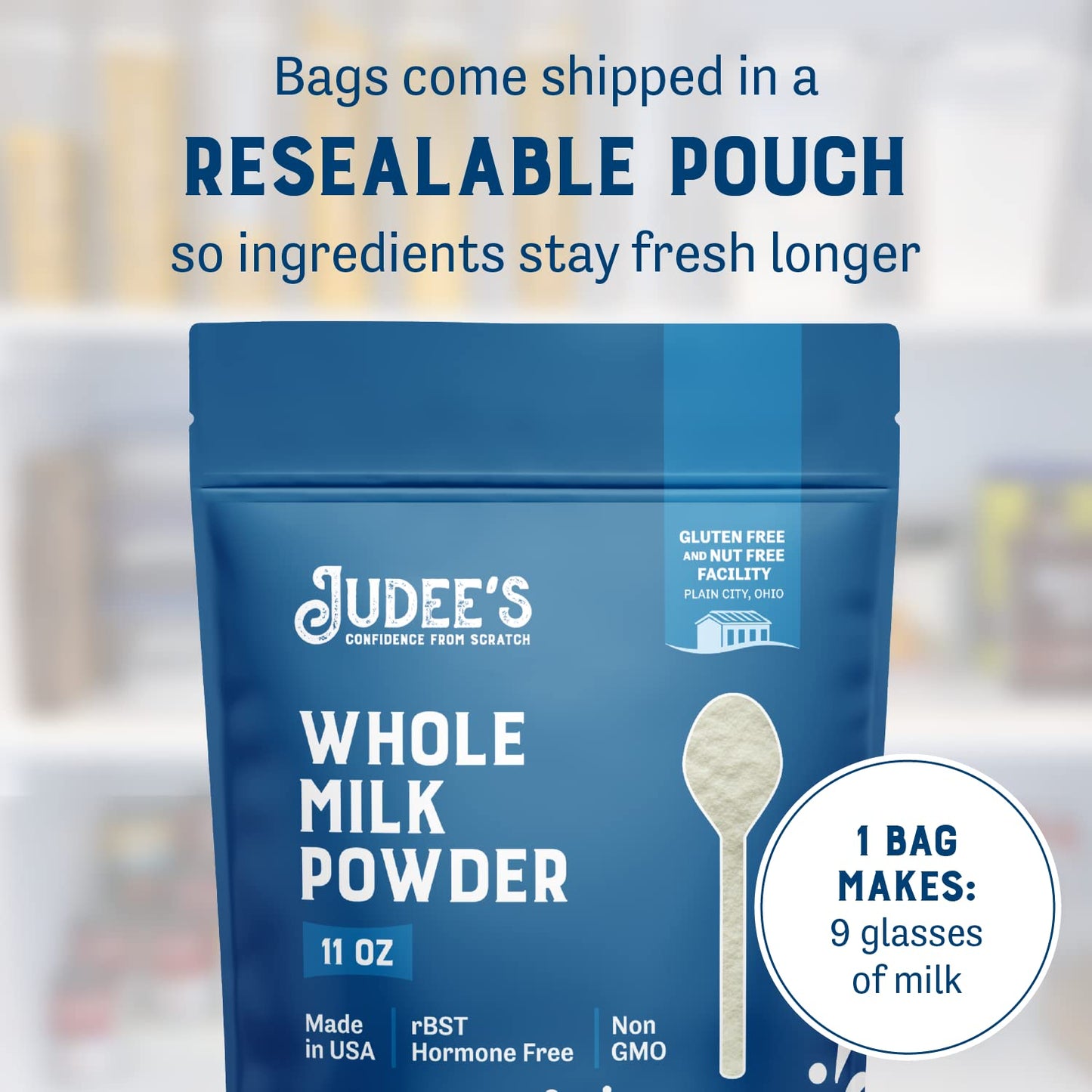 Judees Gluten Free Whole Milk Powder - Non-GMO, Gluten & Nut Free - 11oz Shelf Stable Pantry Staple