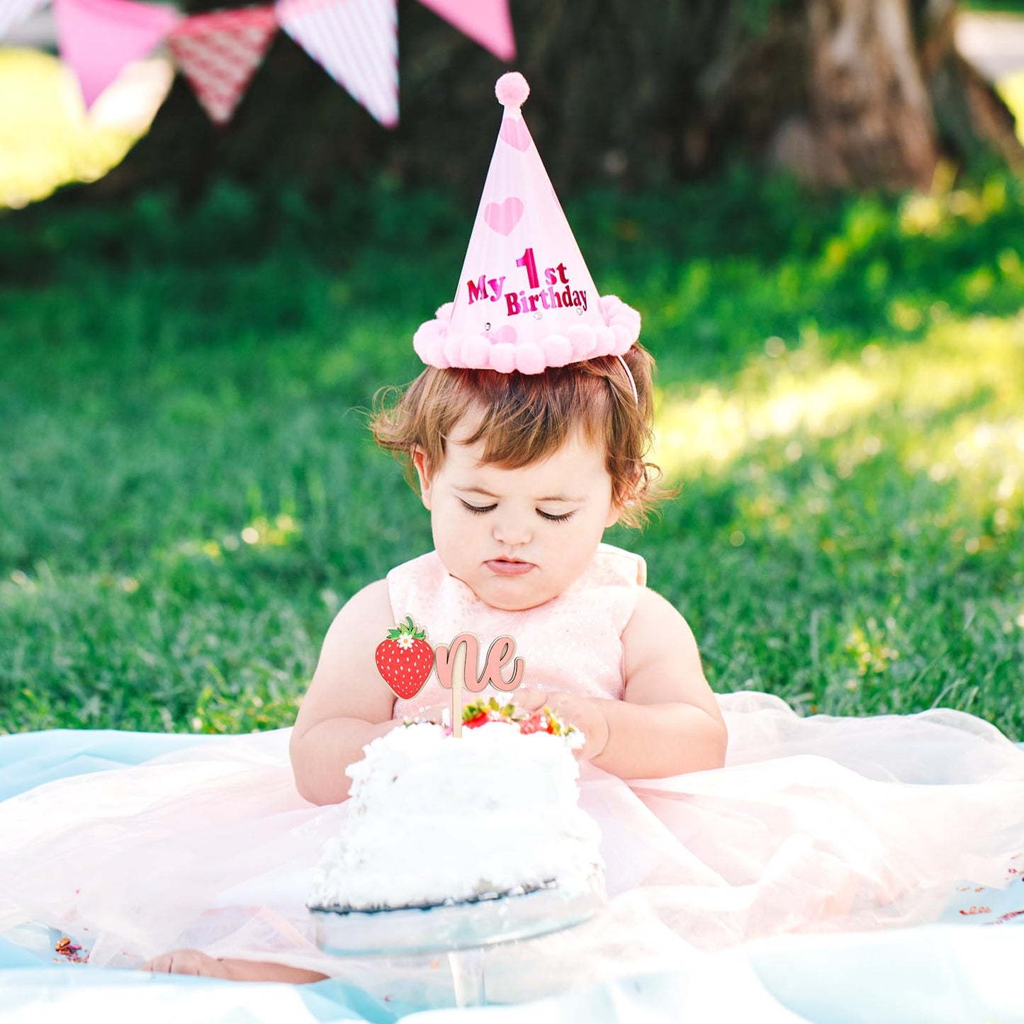 PEUTIER Wooden Strawberry Cake Topper - Pink - 6.3 x 7.5 inches - Model 13113 - Perfect for First Birthday and Baby Shower Parties