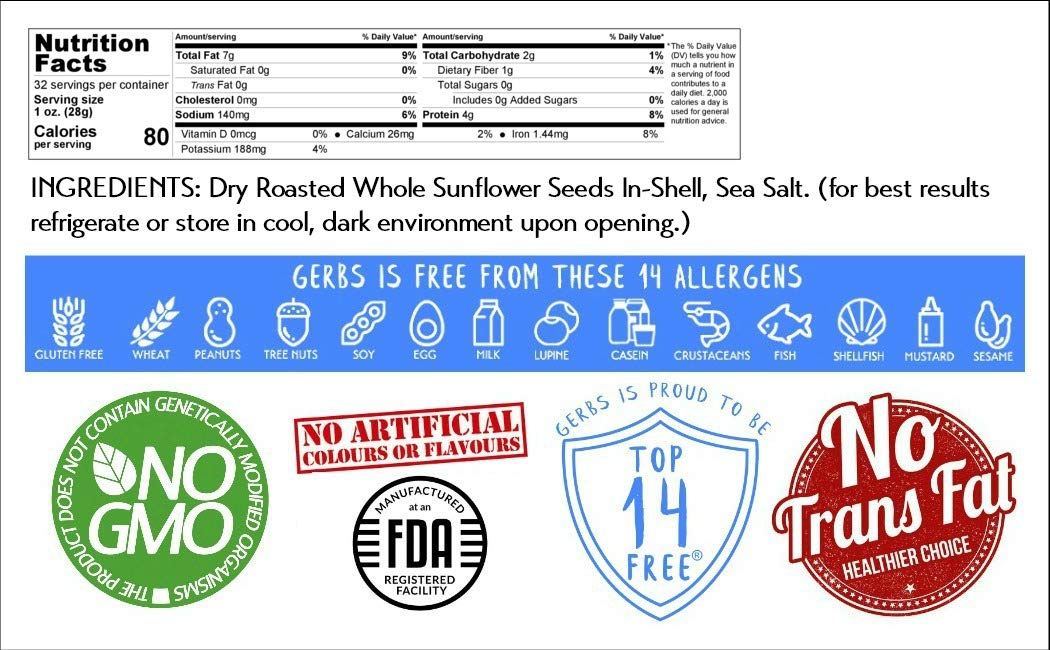 GERBS Lightly Sea Salted Sunflower Seeds - 2 LBS - Top 11 Allergen Free, Non-GMO, Dry Roasted, In Shell