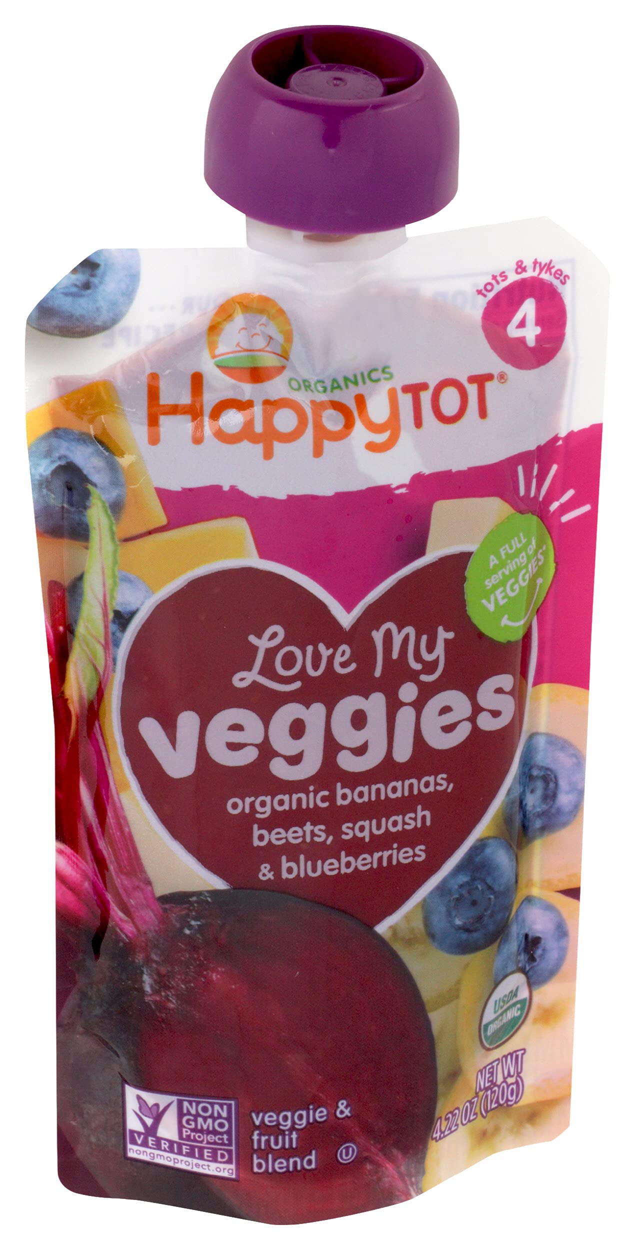Happy Tot Love My Veggies Stage 4 Organic Toddler Food Banana Beet Squash & Blueberry, 4.22 Ounce Pouch Organic Baby Food/Toddle