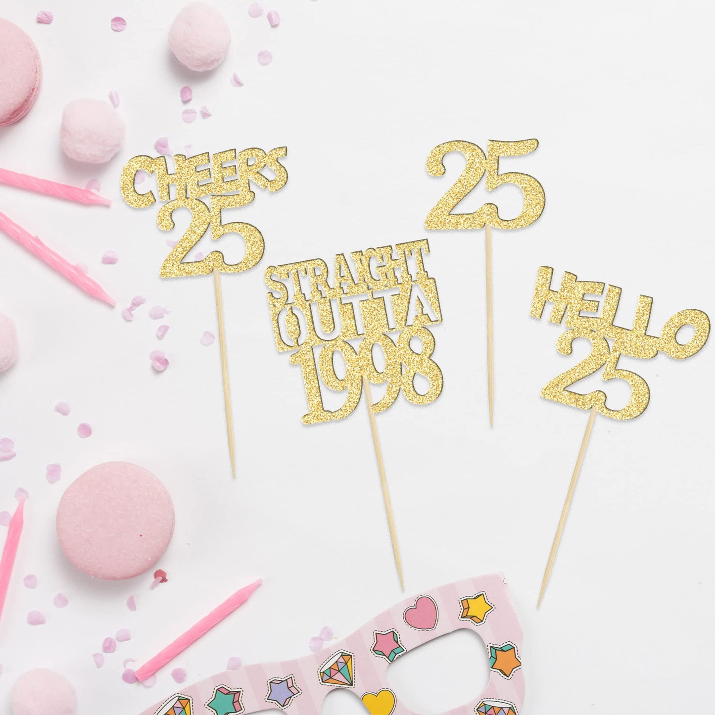 Gyufise 24Pcs Happy 25Th Cupcake Toppers Glitter Twenty-Five Straight Outta 1998 Cupcake Picks Cheers To 25 Years Birthday Cake