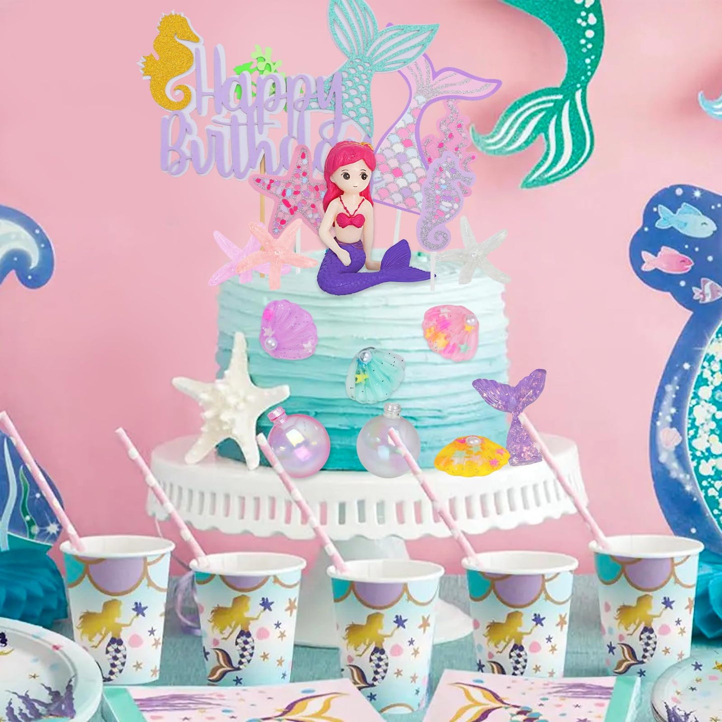 Lukinuo Mermaid Cake Toppers For Girl 30Pcs Little Mermaid Figurine Under The Sea Ocean Cake Decor Seaweed Bubble Starfish Shell