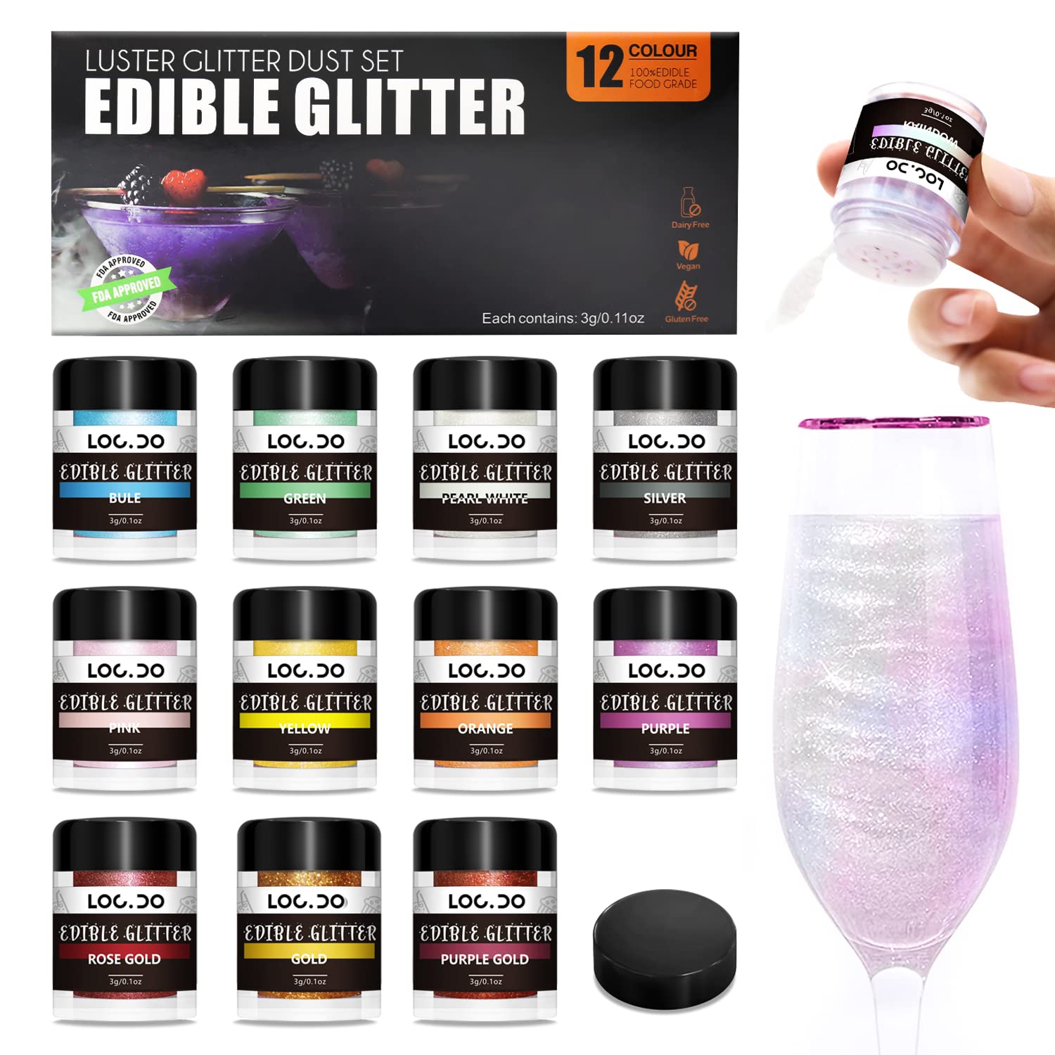 LOCDO Edible Glitter Set, Food Grade Luster Dust, 12 Colors, Vegan, Gluten Free, 3g per Bottle