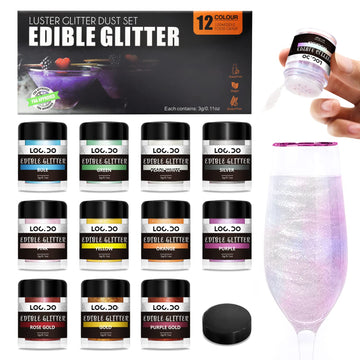 LOCDO Edible Glitter Set, Food Grade Luster Dust, 12 Colors, Vegan, Gluten Free, 3g per Bottle