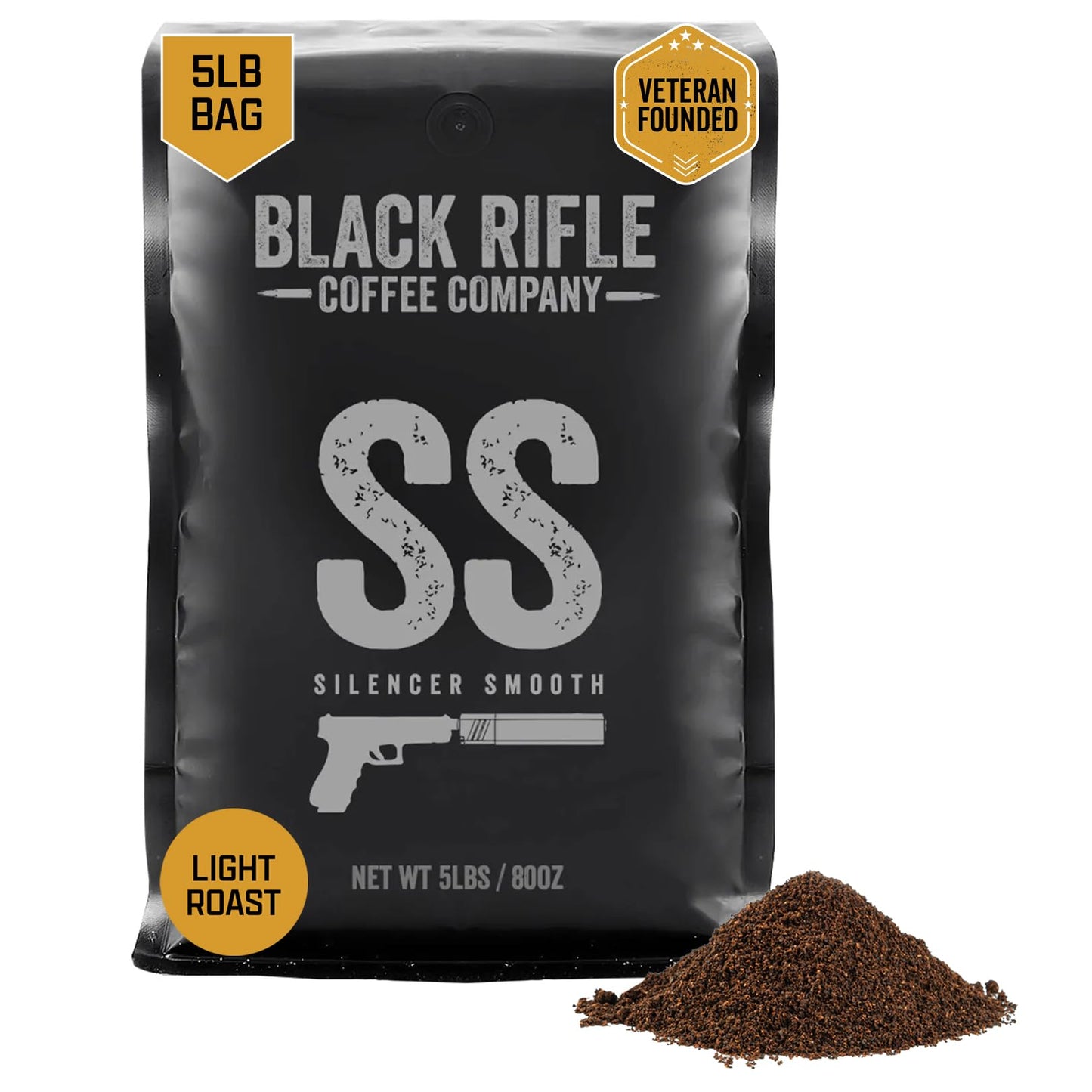 Black   Coffee Company Silencer Smooth, 5 Lb Bag, Ground Coffee Light Roast - Roasted Blend Made From Arabica Beans - Colombian & Brazilian Beans - Veteran Founded & American Made
