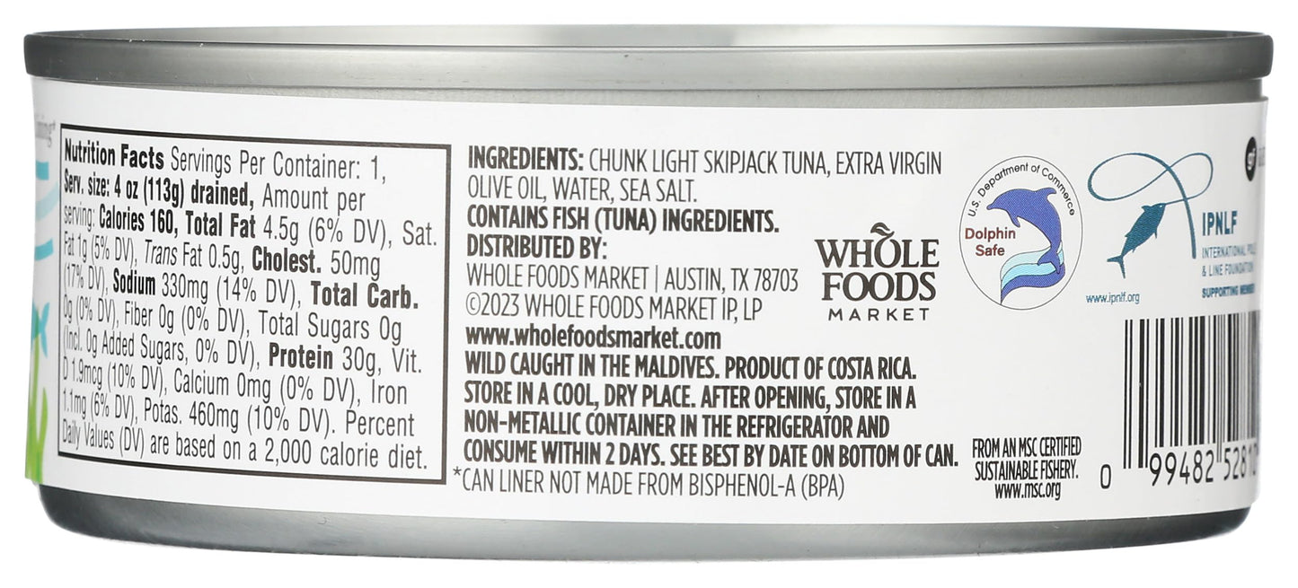 365 By Whole Foods Market, Skipjack Tuna In Extra Virgin Olive Oil, Salt Added, 5 Ounce