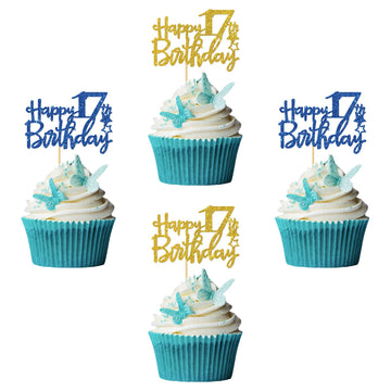 Roadsea Happy 17Th Birthday Cupcake Toppers - Girl Boy 17 Years Old Birthday Cupcake Supplies - 17Th Birthday Party Decorations