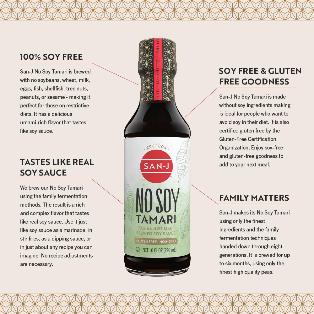 San-J - No Soy Tamari - Specially Brewed Soy Sauce Alternative - 10 Oz. Bottles - 2 Pack